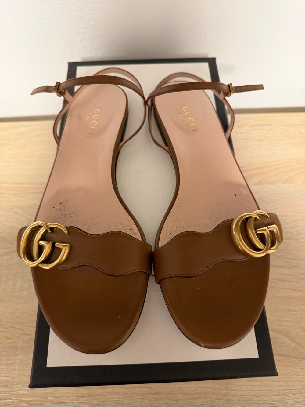 Gucci Brown Leather Marmont Double G Sandals